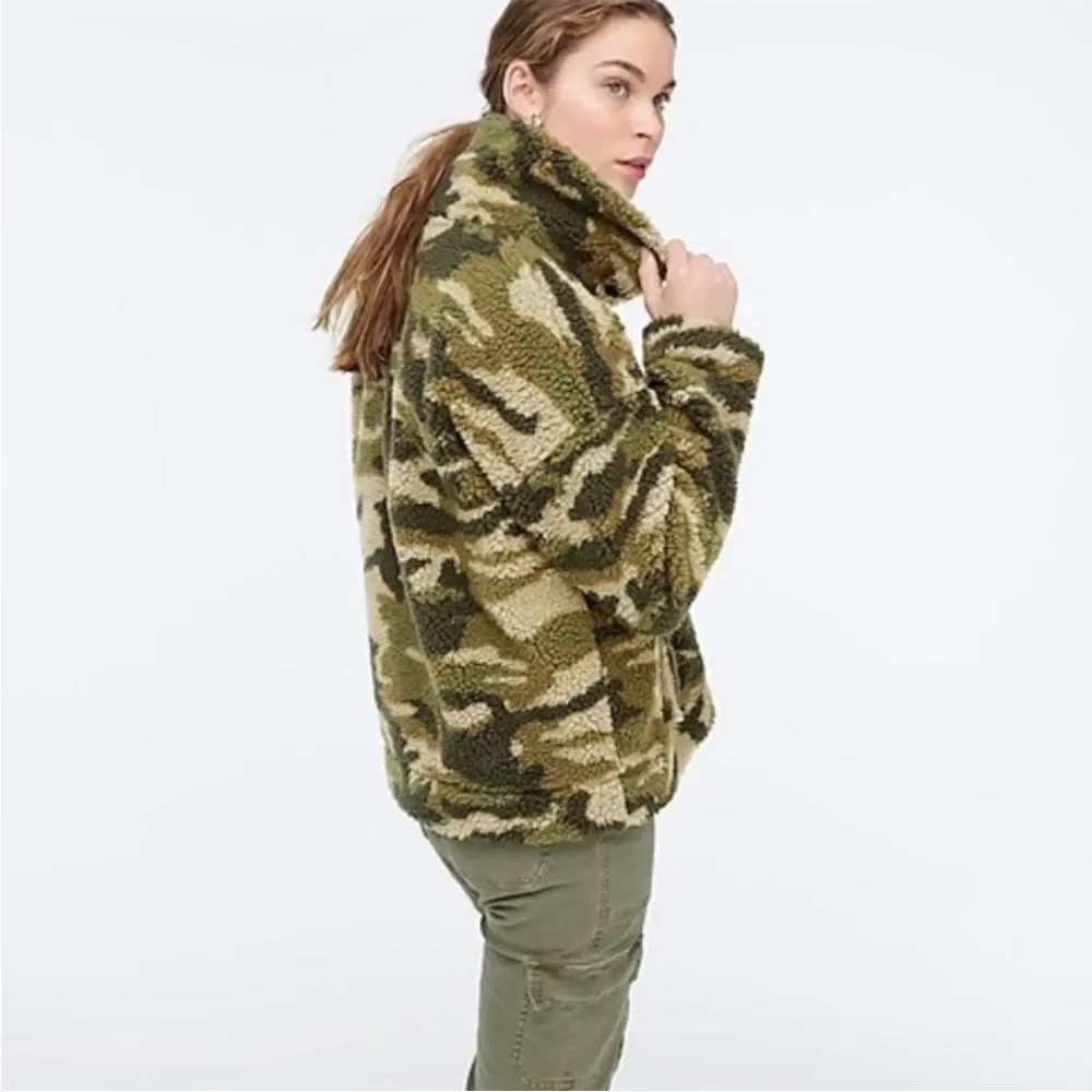 NWT J. Crew Camo Snap-Collar Sherpa Pullover Fleece Sweatshirt, Size XXS